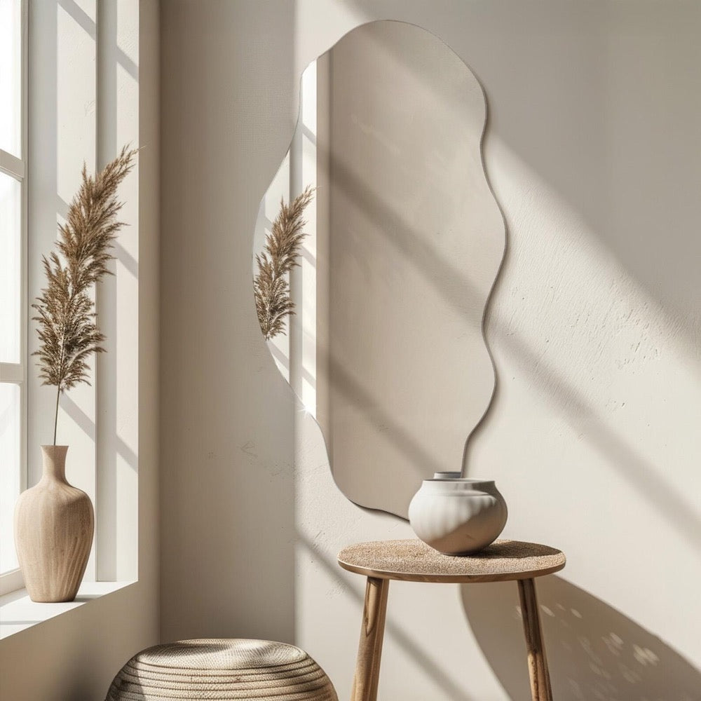 Large Frameless Mirror, Minimalist Mirror, Decorative Bathroom Mirror, Small Wavy Mirror