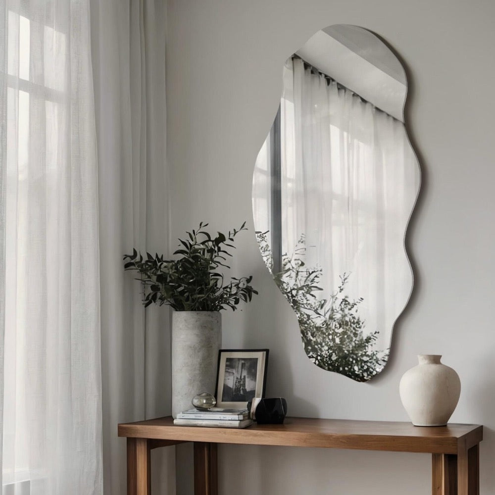 Large Frameless Mirror, Minimalist Mirror, Decorative Bathroom Mirror, Small Wavy Mirror