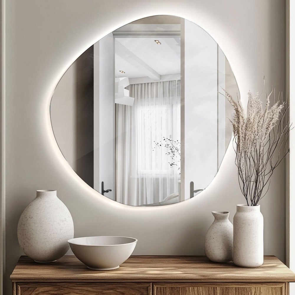 Wavy Vanity Mirror, Aesthetic Mirror with LED lights, Stylish Mirror with Light, Frameless Mirror